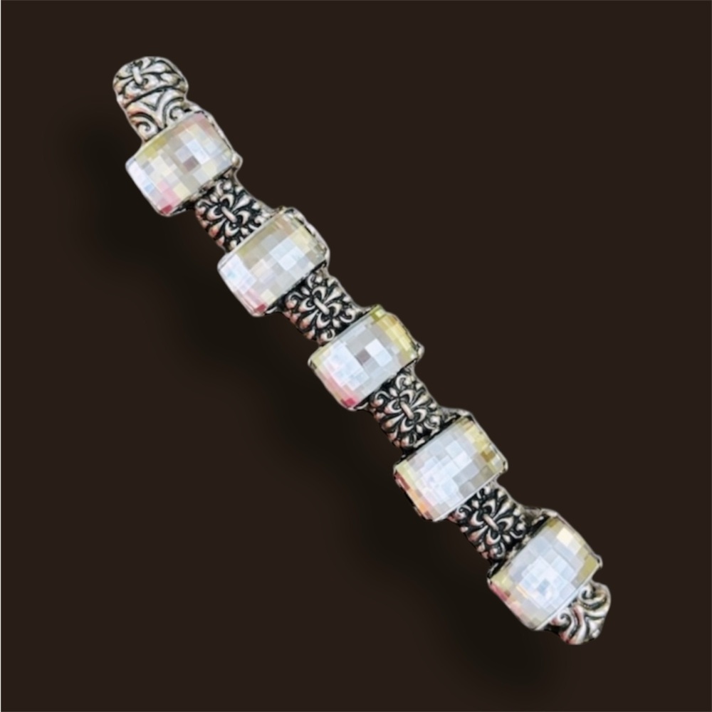 RODRIGO OTAZU Heavy Sterling Silver Crystal Chunky Ornate Panel Bracelet